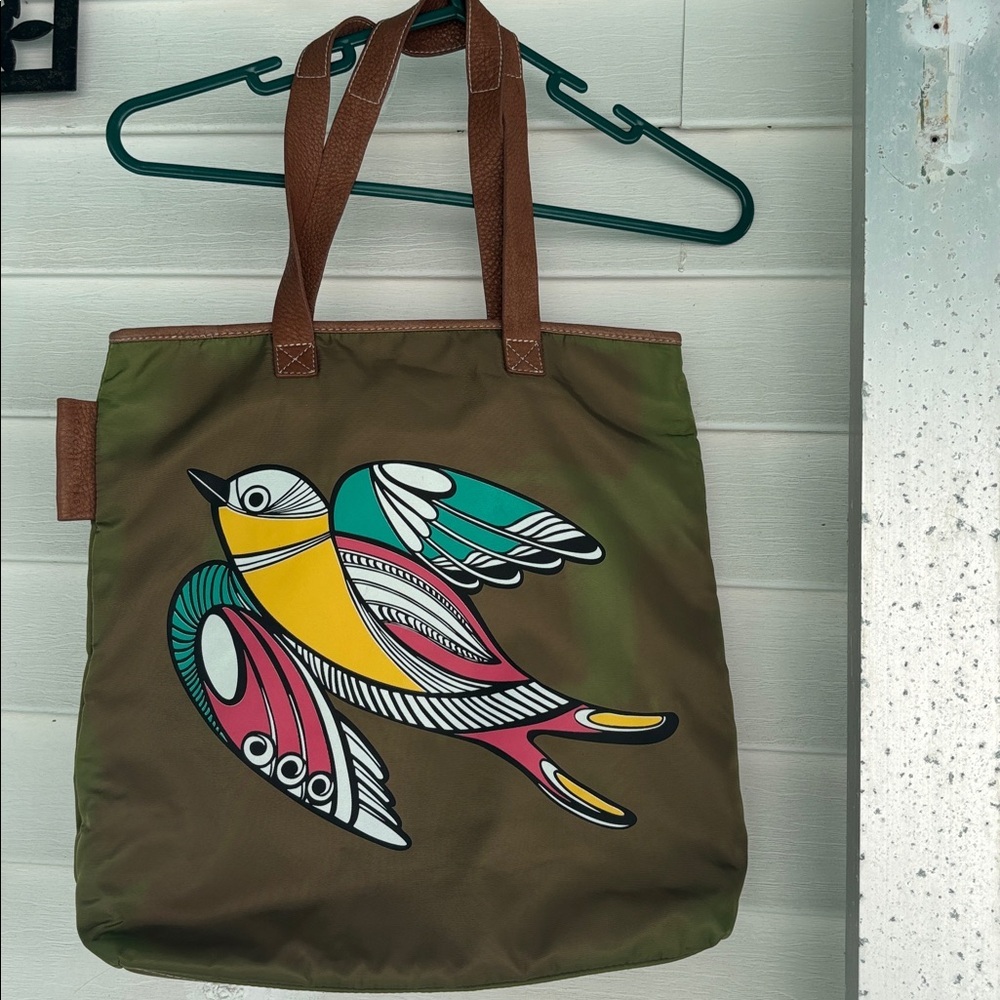 COCCINELLE BRAND MADE IN ITALY OLIVE GREEN AND BROWN SATIN LIKE CANVAS TOTE BAG - Picture 12 of 12